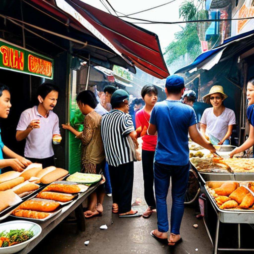 **

A bustling Vietnamese street food market scene, focusing on a "Banh Mi" stand with locals and tourists enjoying the sandwiches. The scene should convey the affordable and delicious nature of Vietnamese street food. Capture the vibrant chaos and authentic atmosphere.

**