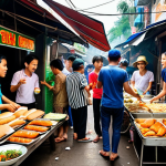 **

A bustling Vietnamese street food market scene, focusing on a "Banh Mi" stand with locals and tourists enjoying the sandwiches. The scene should convey the affordable and delicious nature of Vietnamese street food. Capture the vibrant chaos and authentic atmosphere.

**