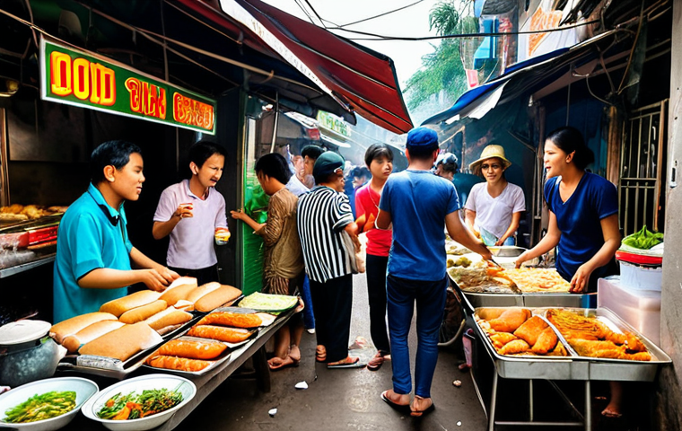 **
A bustling Vietnamese street food market scene, focusing on a "Banh Mi" stand with locals and tourists enjoying the sandwiches. The scene should convey the affordable and delicious nature of Vietnamese street food. Capture the vibrant chaos and authentic atmosphere.
**