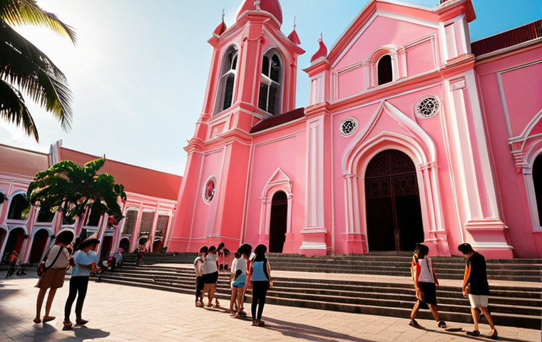 **Prompt:** A wide-angle shot of the Da Nang Cathedral's distinctive pink facade, bathed in the soft glow of the late afternoon sun. Capture the French colonial architecture blended with subtle Vietnamese design elements. In the foreground, local Vietnamese students are gathered, chatting and enjoying the atmosphere, while tourists stroll by, admiring the cathedral.