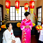 A multi-generational Vietnamese family, fully clothed in modest, traditional Ao Dai and appropriate attire, joyfully decorating their home for Tet. The scene features vibrant pink peach blossoms and golden Mai flowers in large vases, red lanterns, and calligraphic scrolls adorning the walls of a brightly lit living room. The family members are engaged in tasks like hanging decorations and arranging flowers, with children observing excitedly.
    safe for work, appropriate content, fully clothed, family-friendly, professional photography, perfect anatomy, correct proportions, natural pose, well-formed hands, proper finger count, natural body proportions, high quality, high detail, vibrant colors, warm lighting.