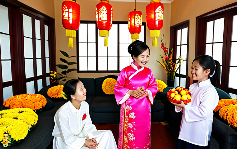 A multi-generational Vietnamese family, fully clothed in modest, traditional Ao Dai and appropriate attire, joyfully decorating their home for Tet. The scene features vibrant pink peach blossoms and golden Mai flowers in large vases, red lanterns, and calligraphic scrolls adorning the walls of a brightly lit living room. The family members are engaged in tasks like hanging decorations and arranging flowers, with children observing excitedly.
safe for work, appropriate content, fully clothed, family-friendly, professional photography, perfect anatomy, correct proportions, natural pose, well-formed hands, proper finger count, natural body proportions, high quality, high detail, vibrant colors, warm lighting.