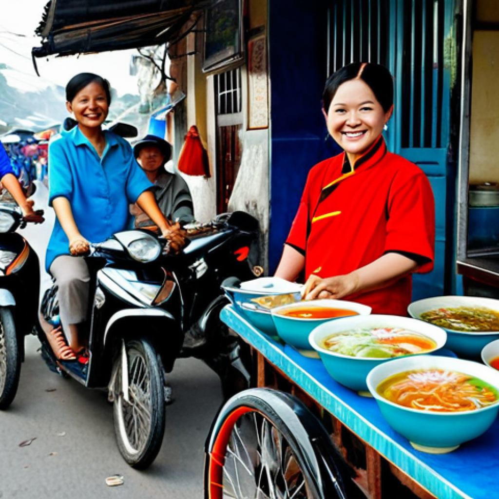 베트남 지역별 매운 요리 추천 - Bun Bo Hue Stall in Hue**

"A vibrant street food stall in Hue, Vietnam, serving Bun Bo Hue. The ven...