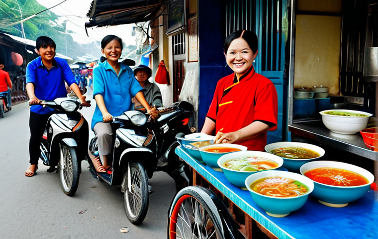 베트남 지역별 매운 요리 추천 - Bun Bo Hue Stall in Hue**
"A vibrant street food stall in Hue, Vietnam, serving Bun Bo Hue. The ven...