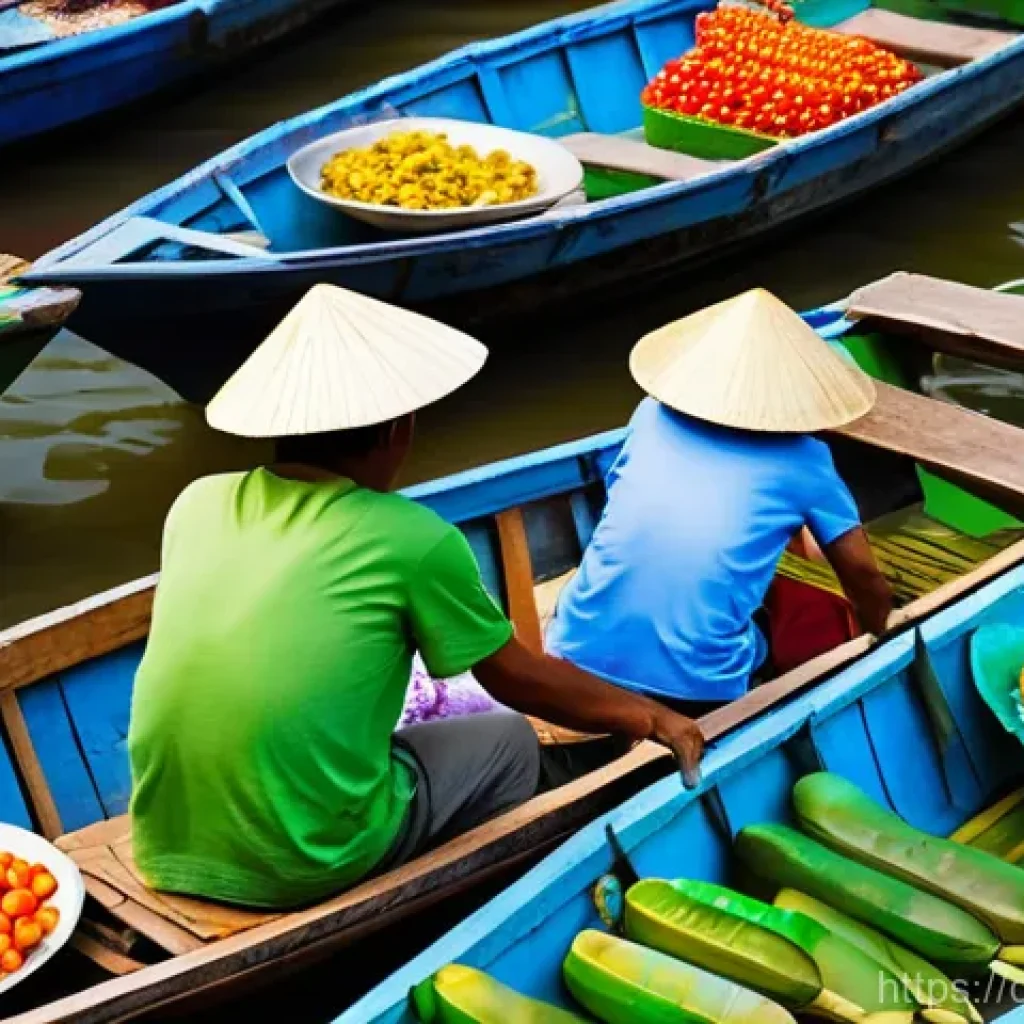 베트남 메콩강 투어 - **Prompt:** A vibrant, authentic scene at the Cai Rang floating market in the Mekong Delta, Vietnam,...
