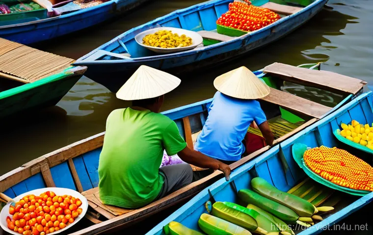 베트남 메콩강 투어 - **Prompt:** A vibrant, authentic scene at the Cai Rang floating market in the Mekong Delta, Vietnam,...
