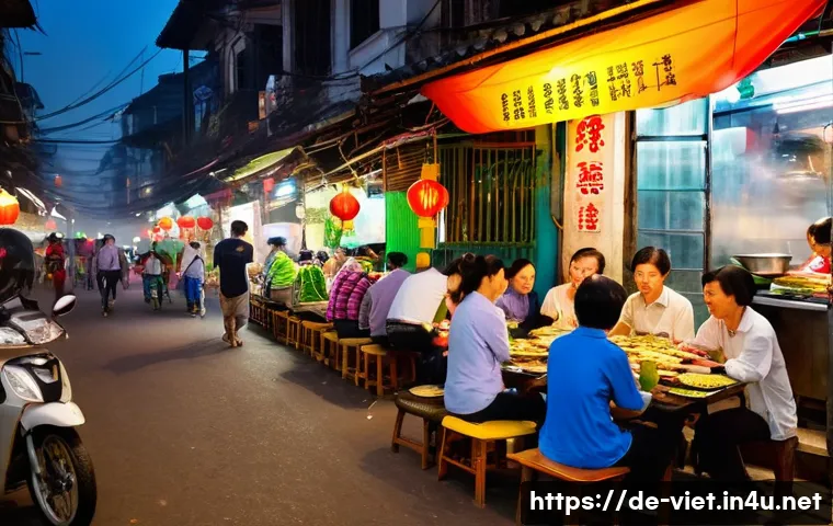 베트남 하노이 야경 명소 - **Prompt:** A bustling Hanoi street scene at night. Focus on a family of tourists sitting on small p...