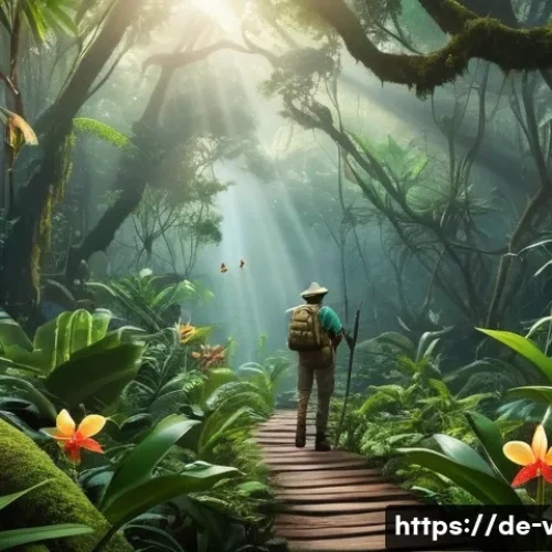 베트남 국립공원 탐방 - A vibrant and dense tropical rainforest scene from a Vietnamese national park, showcasing a variety ...