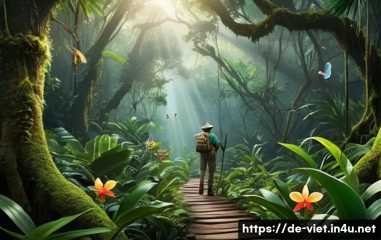 베트남 국립공원 탐방 - A vibrant and dense tropical rainforest scene from a Vietnamese national park, showcasing a variety ...