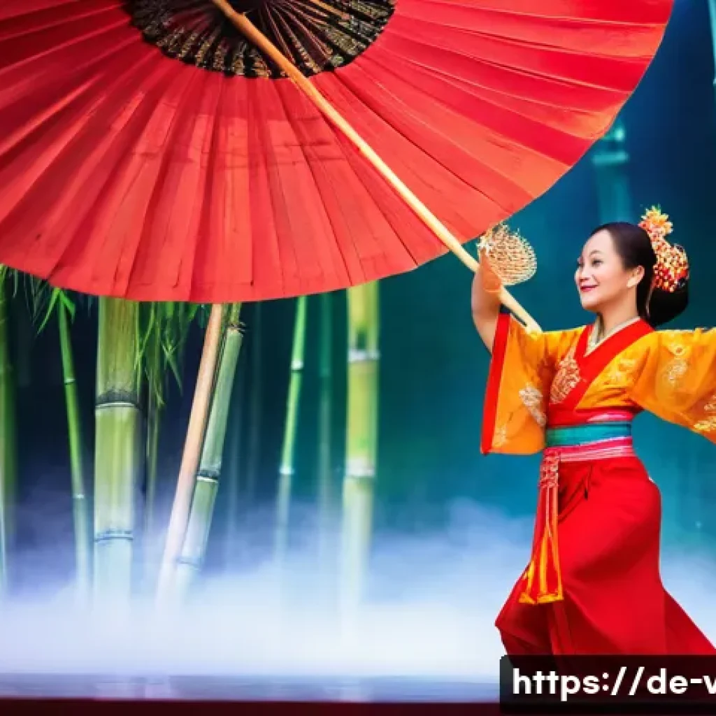 베트남 전통 춤 라벨 댄스 - A traditional Vietnamese dance scene set on a softly lit stage with natural bamboo and floral decora...