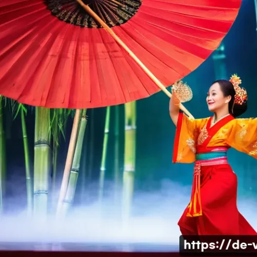 베트남 전통 춤 라벨 댄스 - A traditional Vietnamese dance scene set on a softly lit stage with natural bamboo and floral decora...