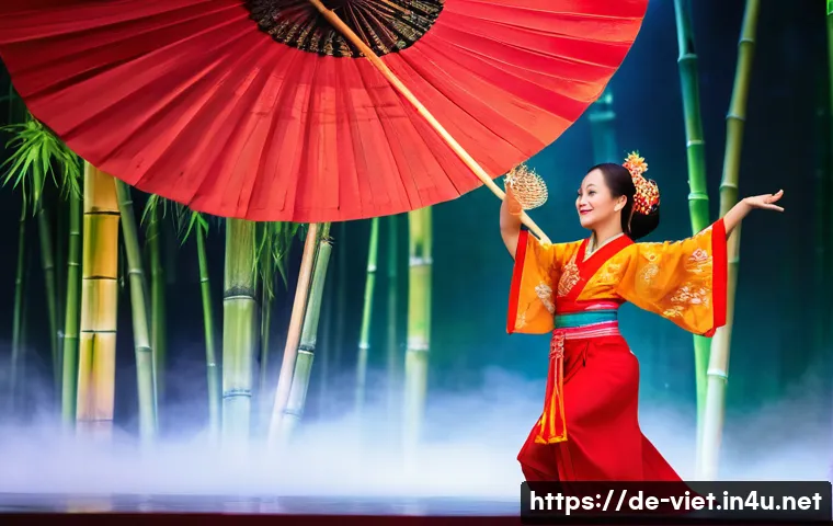 베트남 전통 춤 라벨 댄스 - A traditional Vietnamese dance scene set on a softly lit stage with natural bamboo and floral decora...
