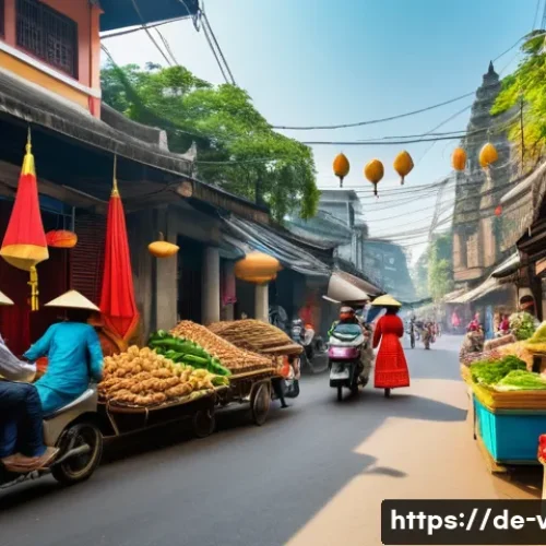 베트남의 주요 관광 통계 - A vibrant street scene in Hanoi, Vietnam, showcasing colonial architecture alongside traditional Vie...