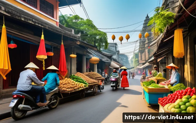 베트남의 주요 관광 통계 - A vibrant street scene in Hanoi, Vietnam, showcasing colonial architecture alongside traditional Vie...