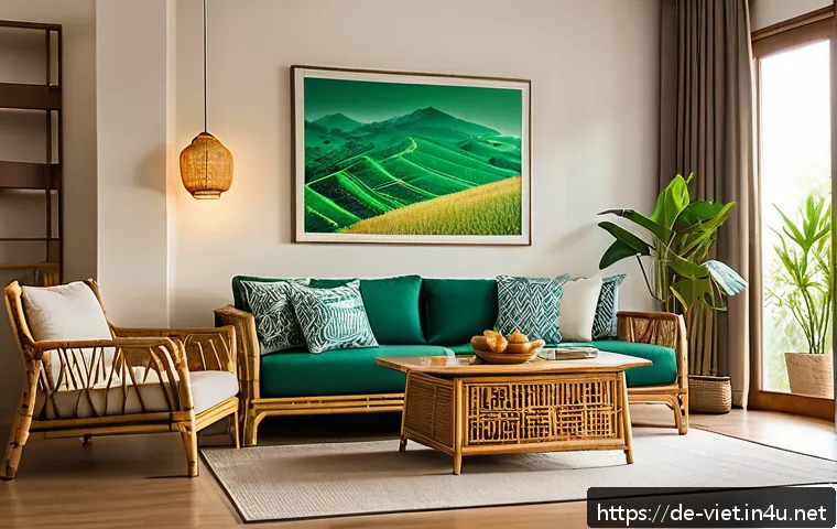 베트남에서 유명한 디자이너 - A modern Vietnamese living room interior showcasing innovative bamboo furniture with sleek, minimali...