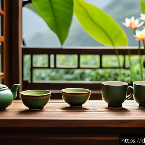 베트남 전통 차 시음 - A serene Vietnamese tea ceremony scene set in a traditional tea house, featuring a small brown clay ...