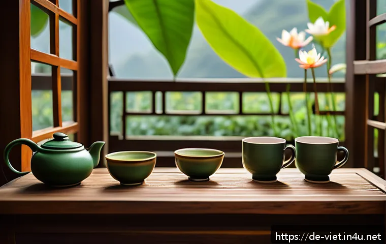베트남 전통 차 시음 - A serene Vietnamese tea ceremony scene set in a traditional tea house, featuring a small brown clay ...