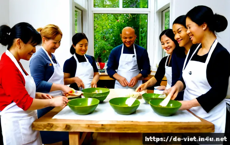 베트남 요리 클래스 - Photorealistic Vietnamese cooking class in a bright modern culinary studio in Berlin, diverse adult ...